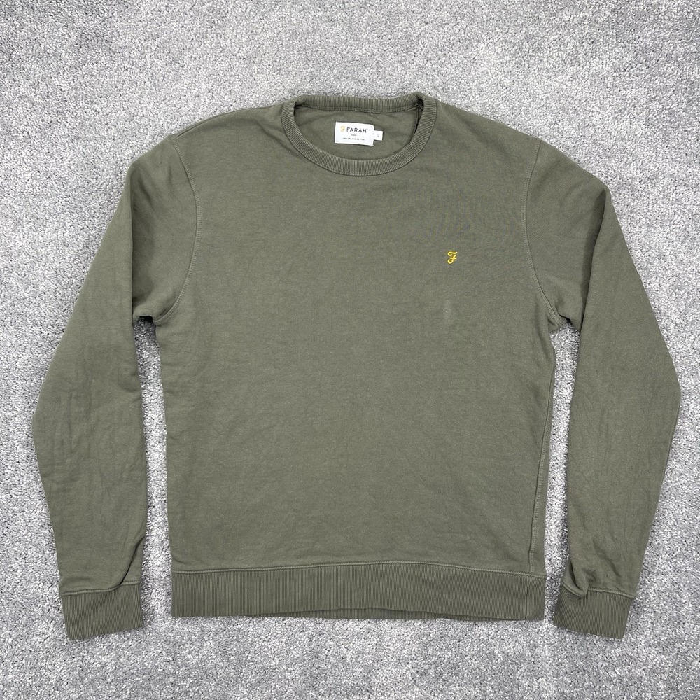 Farah Sweatshirt Mens Large Green Long Sleeve Crew Neck Organic Cotton Logo